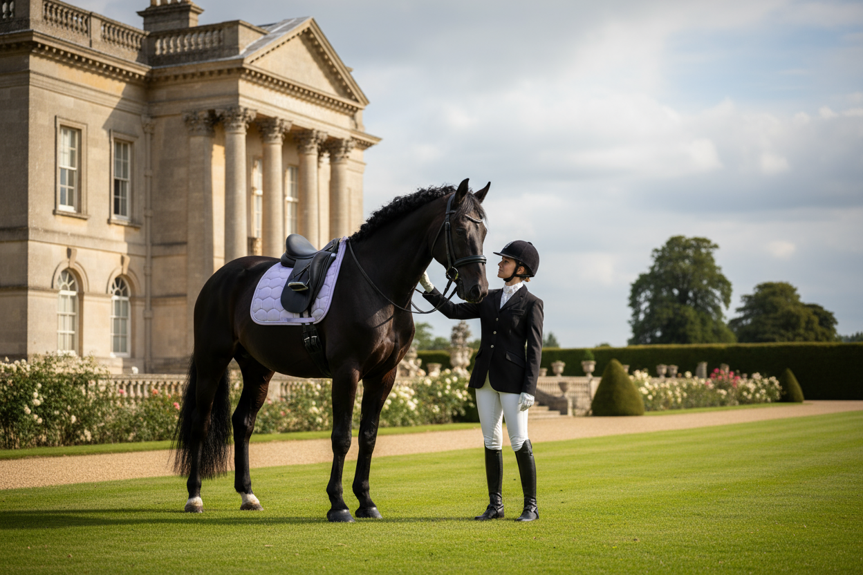Black dressage horse wearing a pastel lilac saddle pad outside an English stately home with rider stood beside in white jodhpurs, long black boots, black riding hat and black competition jacket